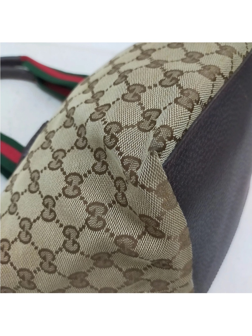 Gucci Sherry Line Top Handle Brown Canvas Bag with Red and Green Stripe - Picture 6 of 9